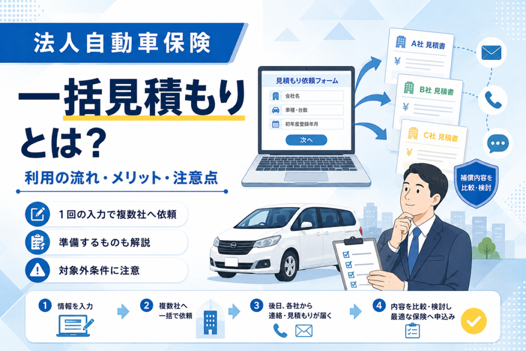 法人自動車保険の一括見積もりを解説する記事のアイキャッチ。見積もり依頼フォームから複数社の見積書へ矢印が伸びる図と、入力から比較・申込までの4ステップのイラスト
