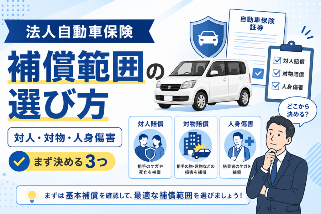 法人自動車保険の補償範囲を解説する記事のアイキャッチ。白い軽自動車と保険証券、対人賠償・対物賠償・人身傷害の3つの補償を並べた図とスーツ姿の男性のイラスト