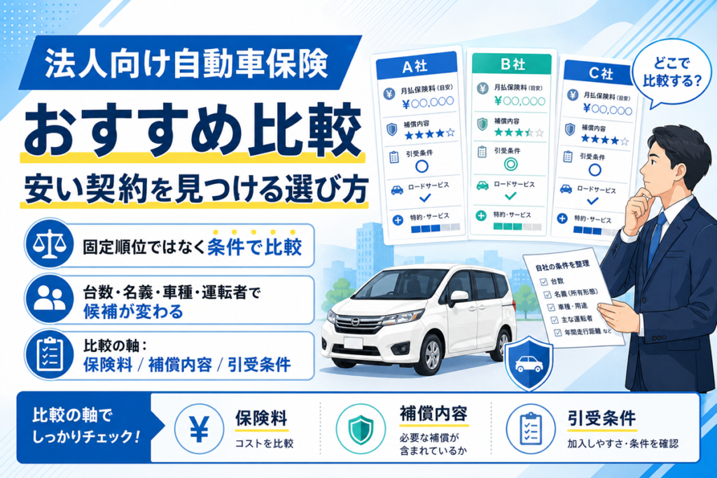 法人向け自動車保険のおすすめ比較を解説する記事のアイキャッチ。3社の比較カードと、台数・名義・車種・運転者で候補が変わることを示す図とスーツ姿の男性のイラスト