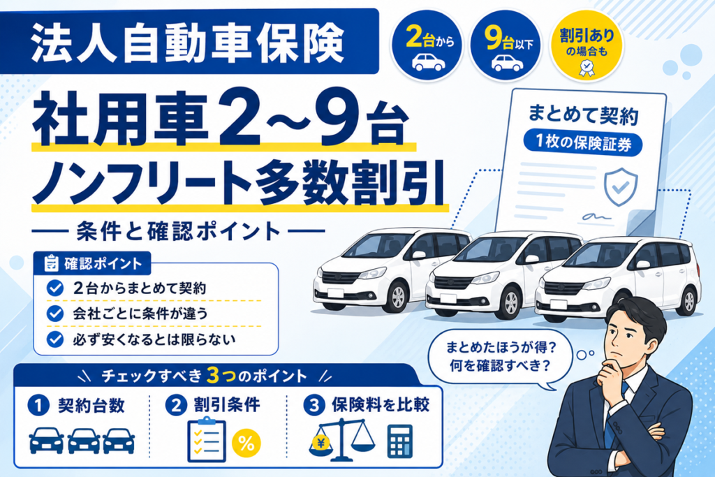 社用車2〜9台のノンフリート多数割引を解説する記事のアイキャッチ。3台並んだ白い社用車と1枚の保険証券、契約台数・割引条件・保険料比較の3つの確認ポイントを示す図とスーツ姿の男性のイラスト