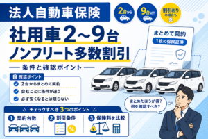 社用車2〜9台のノンフリート多数割引を解説する記事のアイキャッチ。3台並んだ白い社用車と1枚の保険証券、契約台数・割引条件・保険料比較の3つの確認ポイントを示す図とスーツ姿の男性のイラスト